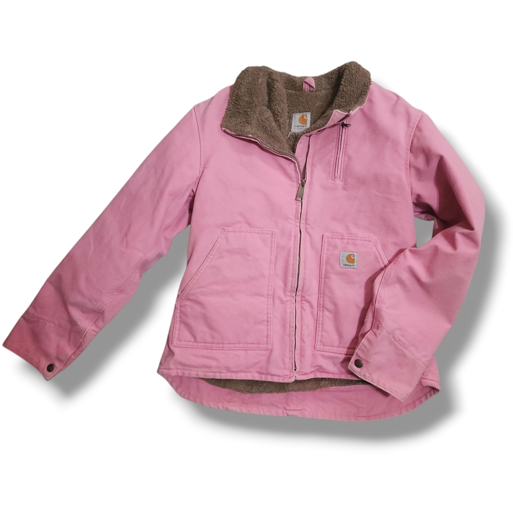 Vintage Women's Pink Carhartt Brown Sherpa-Lined Jacket Coat